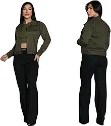 Jaqueta Jeans Feminina Com Barra Botão Forrado Collor Verde Militar