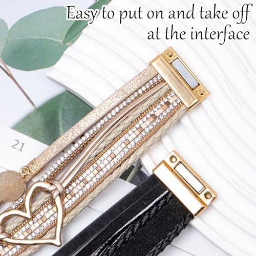 2Pcs Leather Wrap Bracelets for Women, Layered Heart Bracelet with Clasp, Multilayer Stack Boho Leather Bracelets for Women 5