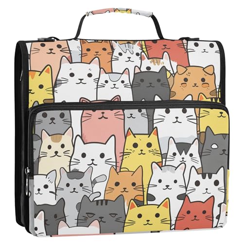 ファスナー付きバインダーオーガナイザー かわいい漫画 猫 面白い 1 1/2インチ バインダー 3リングプリント キーパーバインダーバッグ ストラップ付き 学校用 マルチポケット 大きなポートフォリオフォルダー