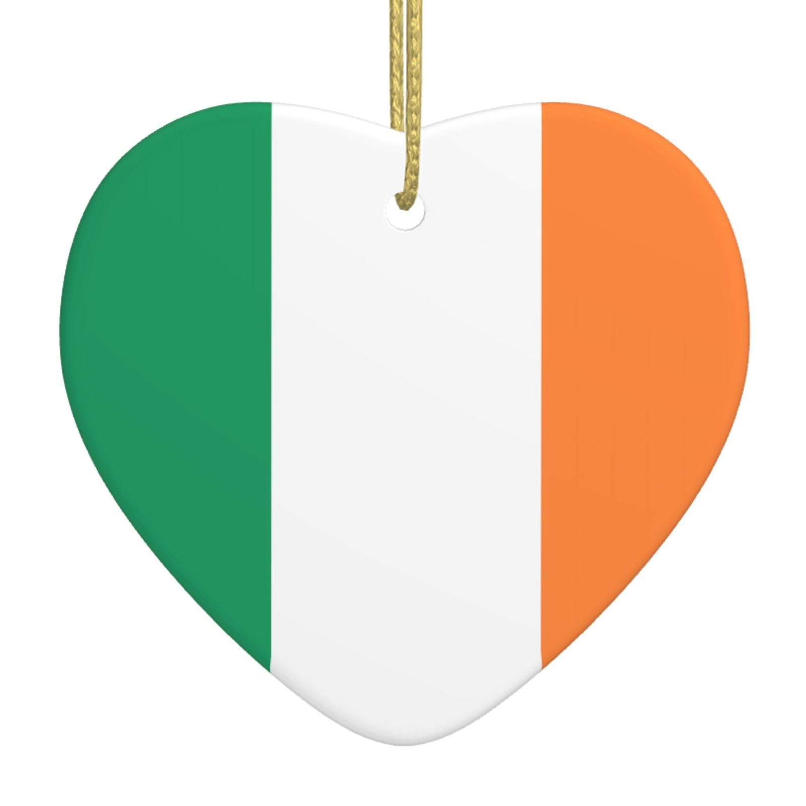 Irish Flag Ceramic Christmas Heart Pendant with Silk Thread, Christmas Tree Home Decoration
