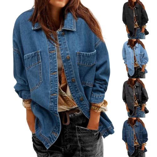 Women's Oversized Denim Jacket Distresse Jean Jacket Casual Long Sleeve Button Down Trucker Jackets Coat with Pockets4