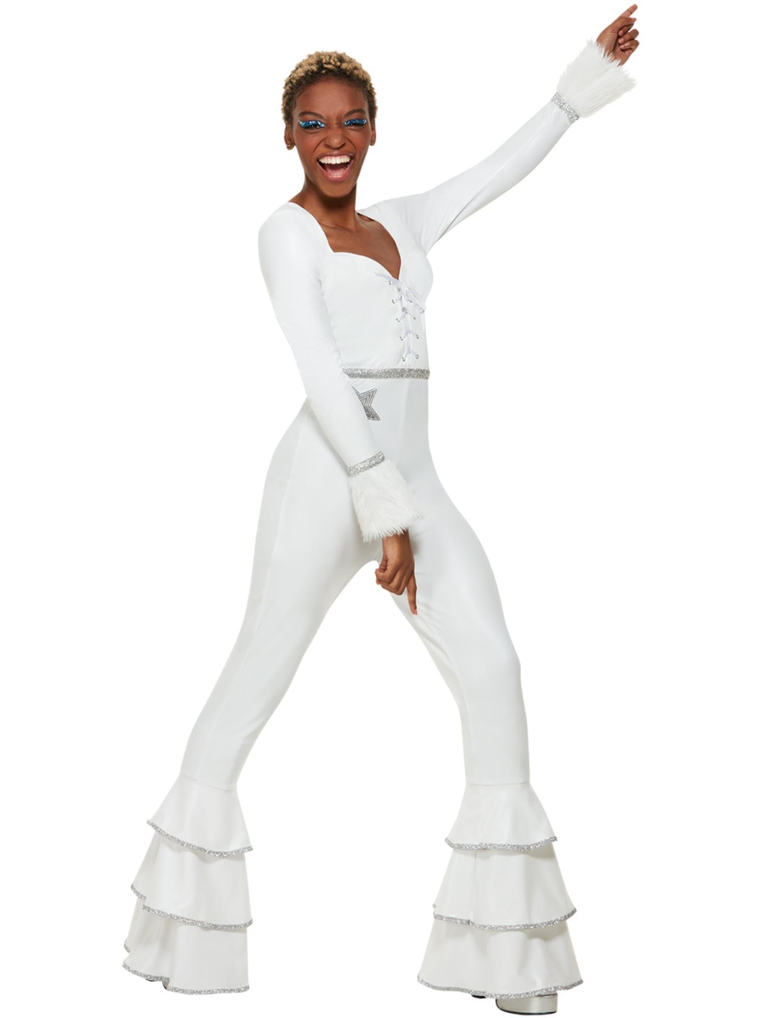 Smiffys Disfraz de lujo glam de los 70, Blanco, Mono con volantes Halloween, Carnaval