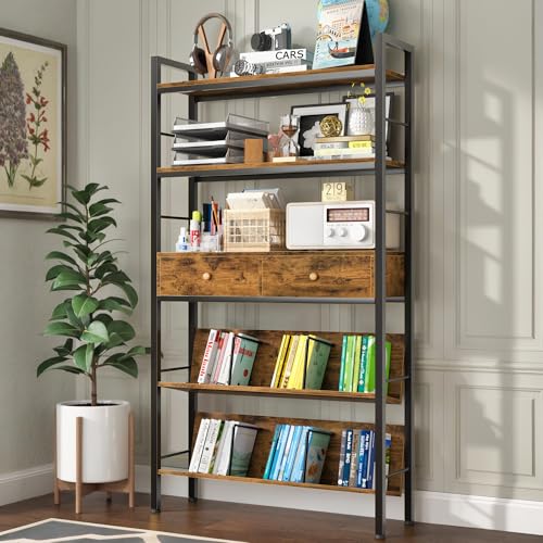 YAOHUOO Bookshelf with Drawers-31.5 Inches Widen Industrial Book Shelf with Bookend,5 Tiers Tall Storage Shelves, Steel Frame Display Rack, Suitable for Bedroom, Office, Living Room, Rustic Brown