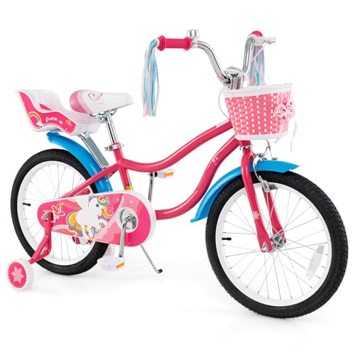 Image of BABY JOY Girls Bike with Streamers & Doll-Seat, Kids Bike for 3-8 Years Old | 12 14 16 18 20 Inch Children Bicycle w /Detachable Training Wheels or Kickstand, Storage Basket, Adjustable Seat and Handlebar