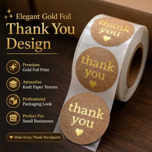 Image of 1000pcs Watercolor Thank You Stickers, Round Thank You Adhesive Sticker for Small Business Wedding Supplies Packing Stickers Gift Wrap (2, Thank You Stickers Golden)