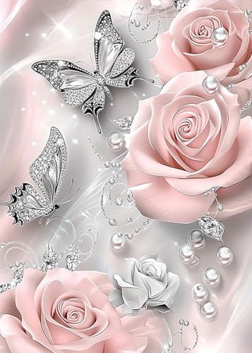 Kit de Diamond Painting 5D Papillon Rose pour Adulte Débutant Peinture au Diamant Complète,Tableau DIY Peinture Diamant Fleurs Roses et Papillons Cadeaux créatifs...