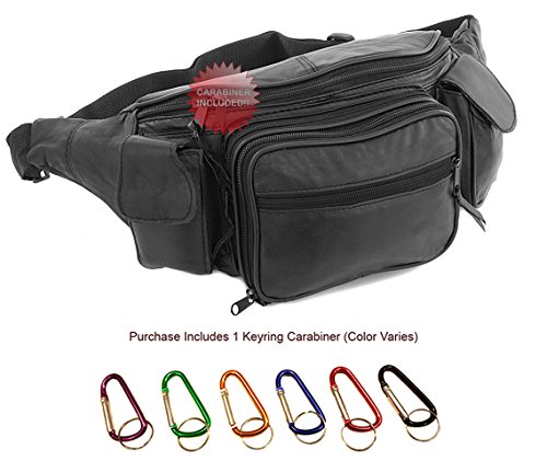 Roma Leathers New Large 8 Pocket Genuine Leather Waist Hip Lumbar Fanny Fannie Pack Bag Black with Dual Cell Phone Pockets and Dual Organizer (7089-BLK) + Key Ring Carabiner