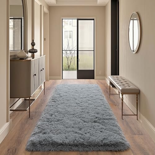Grey Rugs for Bedroom 2x6 ft - Ultra Soft Faux Fur Area Rug - Plush Non-Slip Shaggy Carpet for Living Room, Cozy Fluffy Rug for Kids Boys Girls Dorm Nursery Room, High Pile Floor Carpet