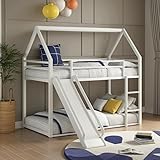 PVWIIK Twin Over Twin Metal Bunk Bed with Slide and Roof Design for Girls & Boys,House Shaped Bunk Bed Frame w/Ladder and Full-Length Guardrail,Floor Bunk Bed,No Box Spring Required,White