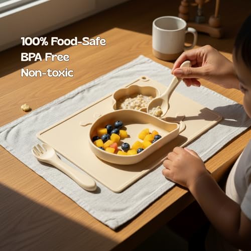 Image of Silicone Baby Meal Plate Set with Spoon & Fork | Whale Shaped | Banana Yellow | 2 Section Divided Plate for Toddlers | Food Grade Kids Feeding Set | Microwave Dishwasher Safe