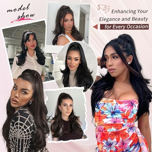 Chrshn Ponytail Extension, 26 Inch Drawstring Ponytail Extension For Women Long Black Wavy Layered Pony Tails Hair Extensions Synthetic Clip In Ponytail Hairpiece For Women thumb #4
