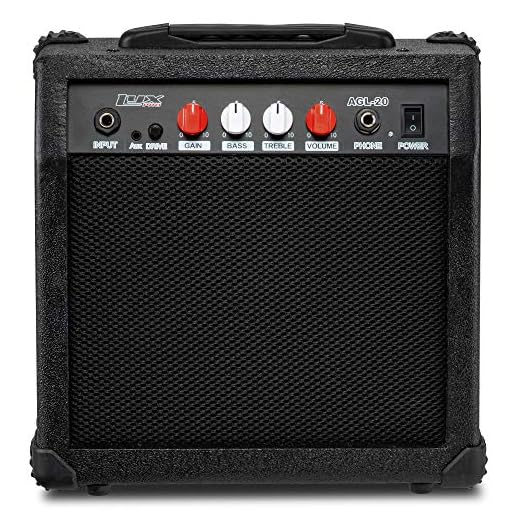 LyxPro Electric Guitar Amp 20 Watt Amplifier Built In Speaker Headphone Jack And Aux Input Includes Gain Bass Treble Volume And Grind - Black
