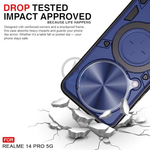 Image of AESTMO Armor Realme 14 Pro 5G Bumper Back Case Cover | Ring Holder & CD Pattern Sliding Camera Shutter Cover | Back Case Cover for Realme 14 Pro 5G (Blue)