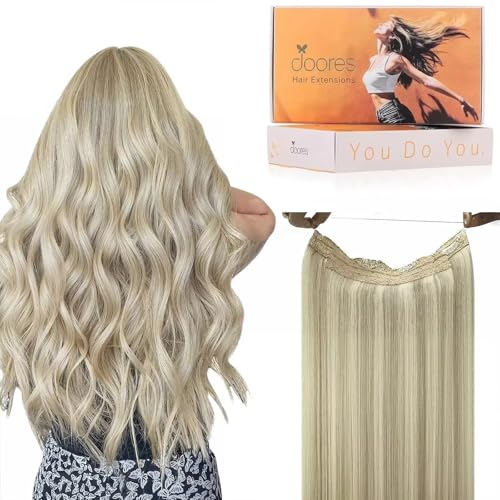 Image of DOORES Wire Hair Extensions 12 Inch 70 g Remy Human Wire Hair Extensions Invisible Transparent Line Adjustable Hairpieces Secret Ash Blonde Highlighted Platinum Blonde