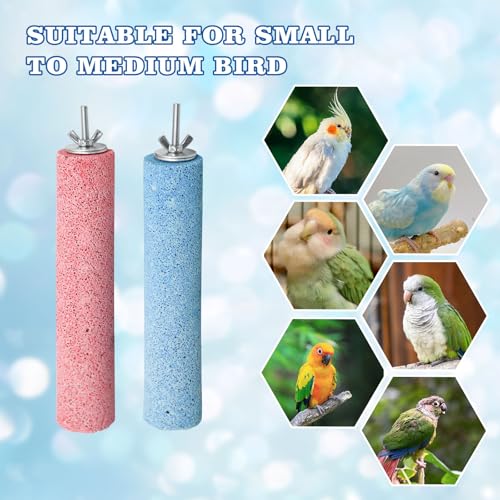 Image of Dual-Textured Bird Perch, 2-Pack - Chewable Mineral Stone & Metal Rod Stand for Small /Medium Birds | Cage Mounted Perches for Beak Grinding, Claw Trimming (Blue & Pink)