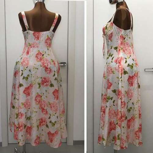 Image of Floral Corset Midi Dress Square Neck A Line Dress with Slit | Square neck floral midi dress with front tie bust wide straps A-line skirt side slit and lightweight fabric