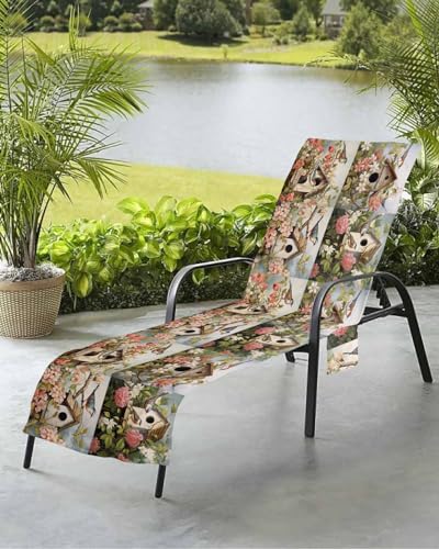 Spring Birdhouse Beach Chair Towel Covers for Chaise Lounge with Side Pocket, Soft Plush Pool Towels Cover for Patio Sunbathing Outdoor 29''x85'' Retro Botanical Watercolor Flower Leaf