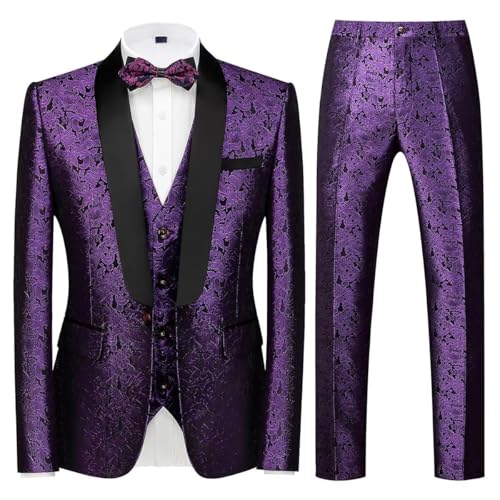 Men's 3 Pieces Jacquard Suit Elegant Solid One Button Slim Fit Single Breasted Party Blazer Vest Pants Set
