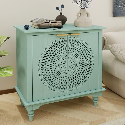 MDQMD Green Accent Cabinet with Storage,Vintage Storage Cabinet with Carved Doors for Living Room,2-Door Cabinet for Kitchen,Hallway
