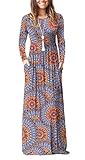 GRECERELLE Women's Long Sleeve Loose Plain Floral Print Maxi Dresses Casual Long Dresses Pockets FP Peacock Blue-Large
