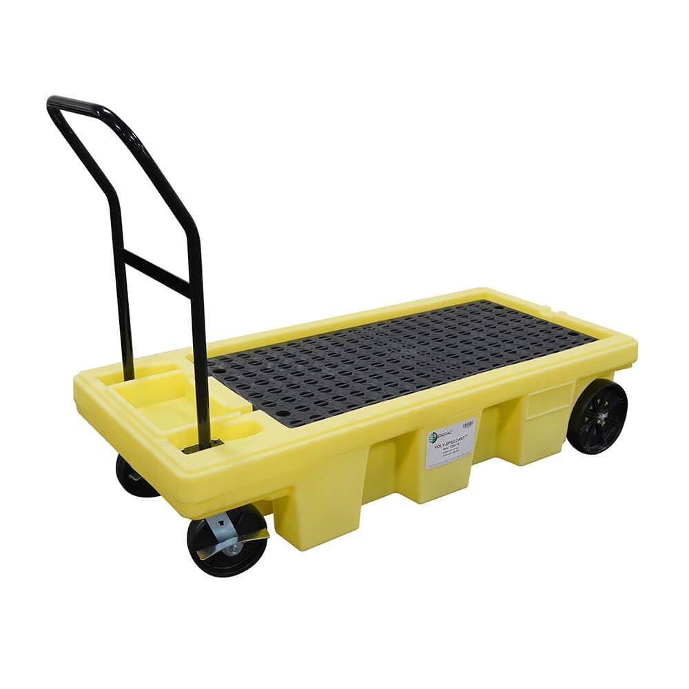 ENPAC 2 Drum Poly Spill Cart, Yellow, Polyethylene, Removable Grate, Integral Tool Tray, Drain Plug, Ergonomic Handle