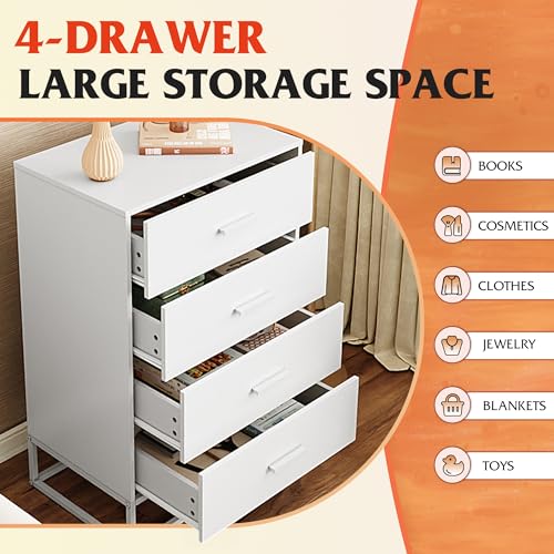 WLIVE White Wood Dresser for Bedroom with 4 Drawers, Tall Chest of Drawers with Sturdy Metal Frame for Living Room, Hallway, Closet - Image 8