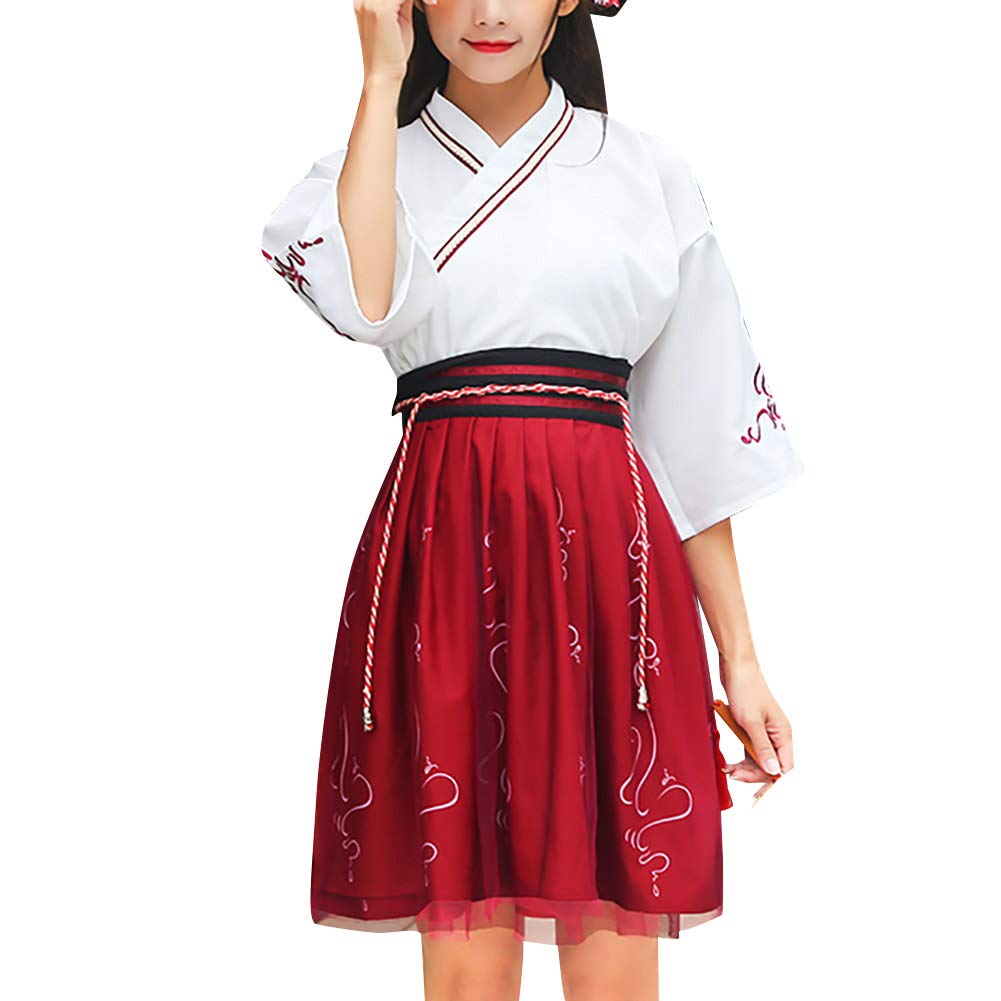 HongHWomen's Ancient Traditional Chinese Costume Half Sleeve Embroidery Hanfu Top High Waist Swing Skirt Outfit
