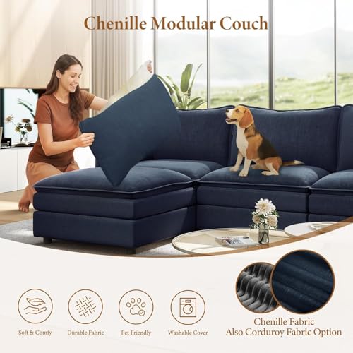 Image of Vesgantti Large Modular Sectional Sofa, Big Comfy Cloud Couch with Ottoman Deep Seat Chenille Cloud Sofa, 9 Seater Large Sectional Couches for Living Room, Bedroom and Apartment, Blue