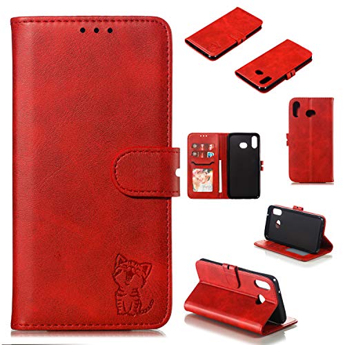 Robinsoni Case Compatible with Samsung Galaxy A20S Retro Leather Wallet Cover with Card Holder Slots Cat Printed Folio Flip Book Cover Case TPU Silicone Inner Case Kickstand Magnetic Closure Case, Red