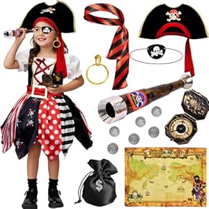 Tacobear Piratenkostüm Kinder Mädchen Piraten Kleid mit Piratenhut Bandana Augenklappe Karte Teleskop Compass Faschingskostüme Kinderkostüm Karneval Halloween Cosplay (130, 7-8 Jahre)