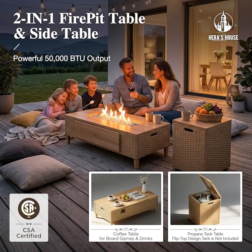 Image of HERA'S HOUSE 6 Pieces Patio Furniture Set with Swivel Chairs & Fire Pit, Outdoor Sectional Rattan Wicker Sofas with 10 inch Thick Cushion, Low Profile Lawn Deck Furniture with Wide Armrest