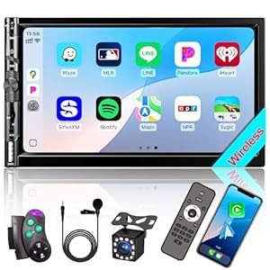 7“ Double DIN Car Stereo with Wireless Apple CarPlay Android Auto, Car Radio Bluetooth 5.2, IPS 1024 600 Touch Screen, Backup Camera, FM Radio, Subwoofer, USB,SWC, MIC, Car Audio Receiver,Car Play