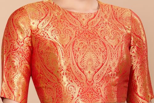 Image of Studio Shringaar Women Brocade Silky Jewel Neck Readymade Elbow Length Sleeve Saree Blouse