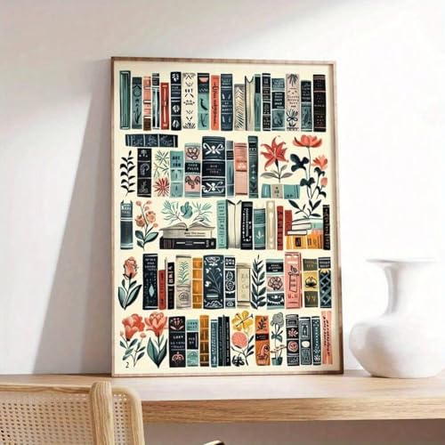 Peinture à l'encre vintage triptyque livre et fleur affiche murale toile grand format 60x90cm