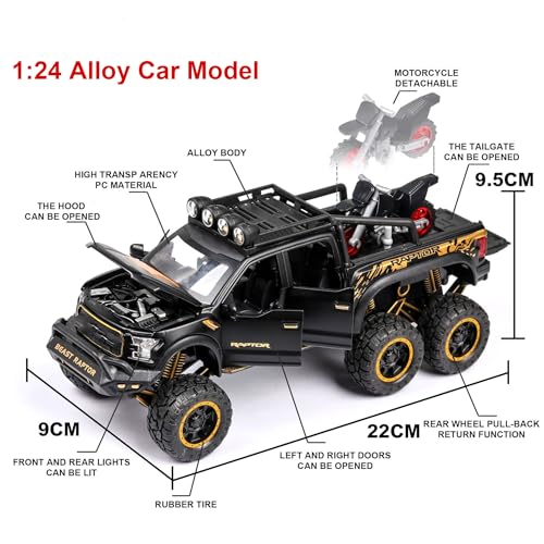 Image of Alokik Enterprise 1:24 Ford Raptor F150 Die-cast Metal Pull Back of Road Car with 4 Openable Doors with Lights and Sound Toy Decoration, Showpiece Car Best Gift Toys for Kids (Black)