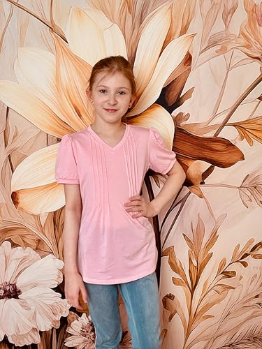 Arshiner Girls Puff Short Sleeve Shirts Pleated Tunic Top Casual V Neck Summer Kids Blouse Tee3