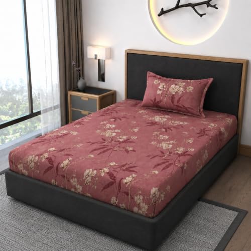 Image of Premium Heavy Cotton Elastic Fitted Bedsheets with 1 King Size Pillow Covers || Single Bed with All Around Elastic 350 TC || 36 x 78 x 6 Inch Single Size Fitted || :- Maroon Flower