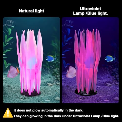Image of 2PCS Soft Silicone Glowing Fish Tank Decorations, Aquarium Decoration Plants Glow in The Dark, Aquarium Glowing Kelp Plant, Glowing Artificial Ornament Coral for Fish Tank Decor, Pink
