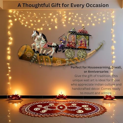 Traditional Indian Wall Decor – Iron Chariot with Horses & Royal Figures – Decorative Wall Hanging with Built-In Warm LEDs, Ethnic Metal Home Decor for Living Room, Diwali, Housewarming — photo — 5 of 9