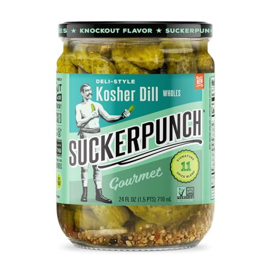 SuckerPunch Deli-Style Kosher Dill Wholes, No High Fructose Corn Syrup, Vegan Friendly, Gluten Free & Non-GMO, 24 Ounce (Pack of 6)