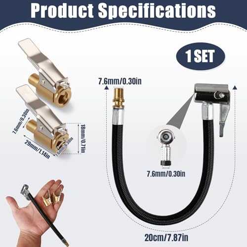 Ventilverlängerung Set, 20cm Reifenfüller Schlauchadapter mit 2 Stück 8mm Autoventil Hebelstecker Air Chuck, Reifenfüllschlauch Messing Autoventil Adapter, für Auto Fahrrad Motorrad Kompressor