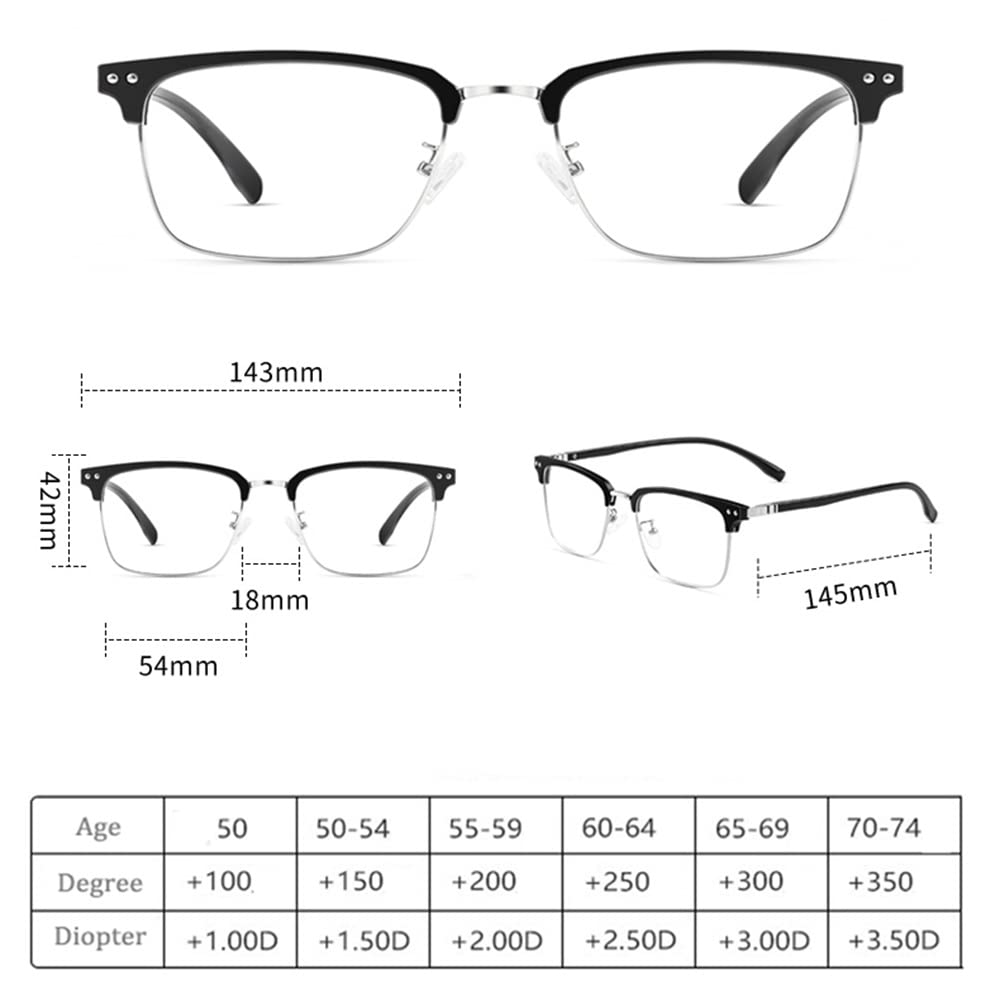 2.0 Photochrome bifokalische Lesebrille, klassische Halbrahmenleser, Sonnenbrillenetui weit und fast Doppelnutzung, Brillenetui (Farbe: Schwarz Silber, Größe: +2,50)