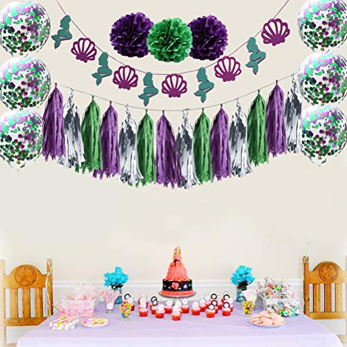 Banner com tema de sereia, balões de látex de papel, borlas de flores, linda faixa de aniversário pa