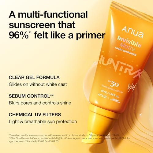 Image of Anua Invisible Matte Finish Sunscreen, Broad Spectrum SPF50, Clear Gel, Non Comedogenic UV Filters, All Skin Types, Lightweight Poreless Primer, Kpop Demon Hunters, Korean Skincare, 1.69 fl. oz
