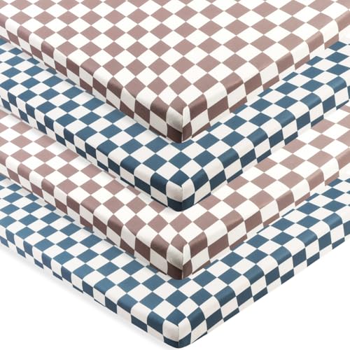 Image of 4 Pack Checkered Pack N Play Sheets Sheets Neutral Breathable Fitted Baby Mini Crib Sheets Nursery Sheets for Baby Boys or Girls (Pack N Play Sheet)