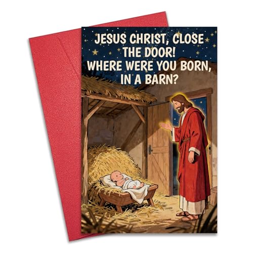 RollupJoy Funny Nativity Christmas Card, Religious Christmas Card for Friends Family, Jesus Christ Birth Xmas Cards for Him Her, Humorous Xmas Cards