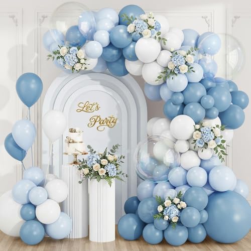 RUBFAC Dusty Blue Balloons Garland Arch Kit Blue and White Latex Balloon for Birthday Baby Shower Bridal Theme Party Decoration(144pcs)