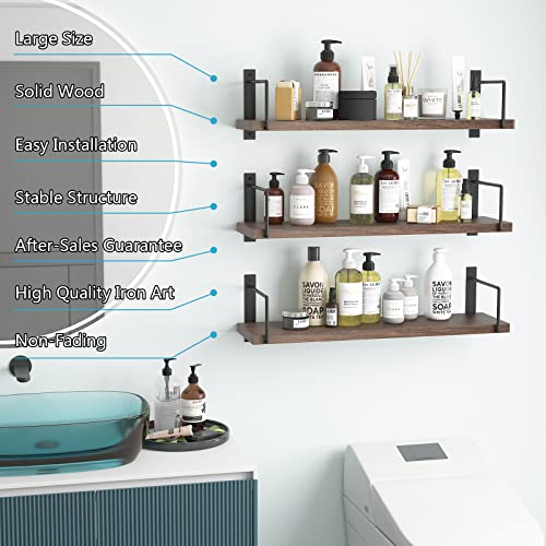 Image of Floating Shelves, 24 Inches Easy to Install Wall Mounted Shelves, Set of 3, Rustic Wood Shelves for Wall Decor, Storage Shelves for Living Room (Brown)