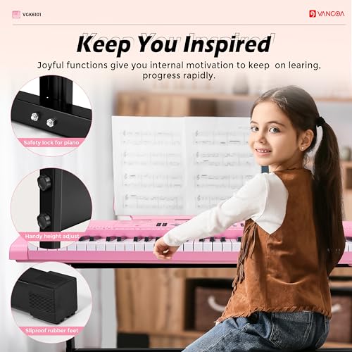 Image of Vangoa Pink Electric Piano Keyboard 61 Keys Light Up for Girls with Stand