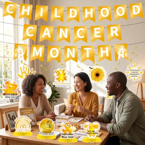 Image of Gameza Childhood Cancer Awareness Decorations - 14PCS Childhood Cancer Awareness Month Party Banner Hanging Swirls Honeycomb Centerpieces Decor, Gold Ribbon Charity Public Social Event Party Supplies